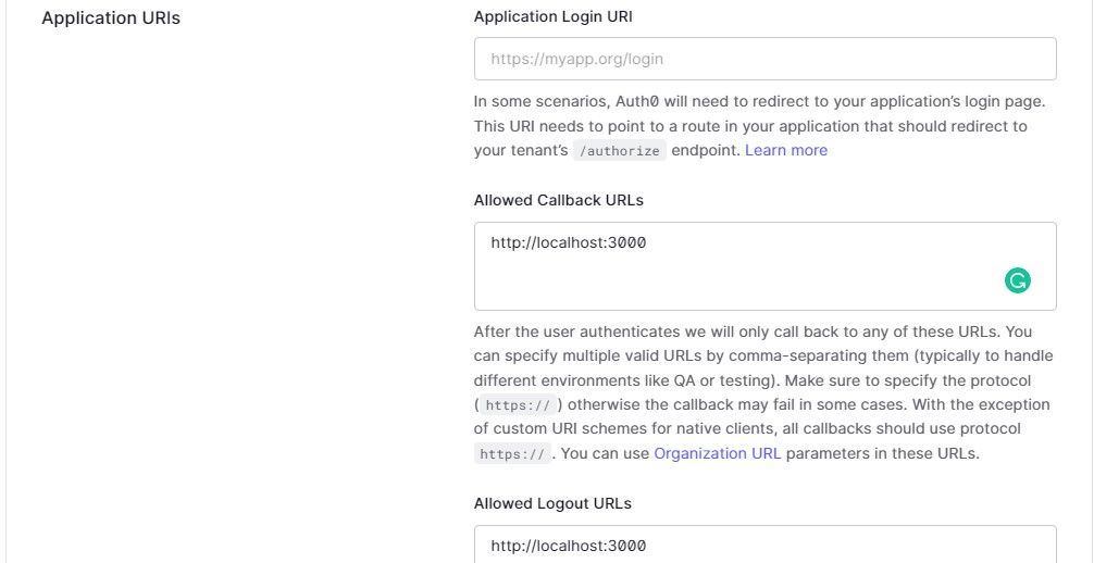 Phần cài đặt của URI ứng dụng Auth0 cho các URL gọi lại và đăng xuất