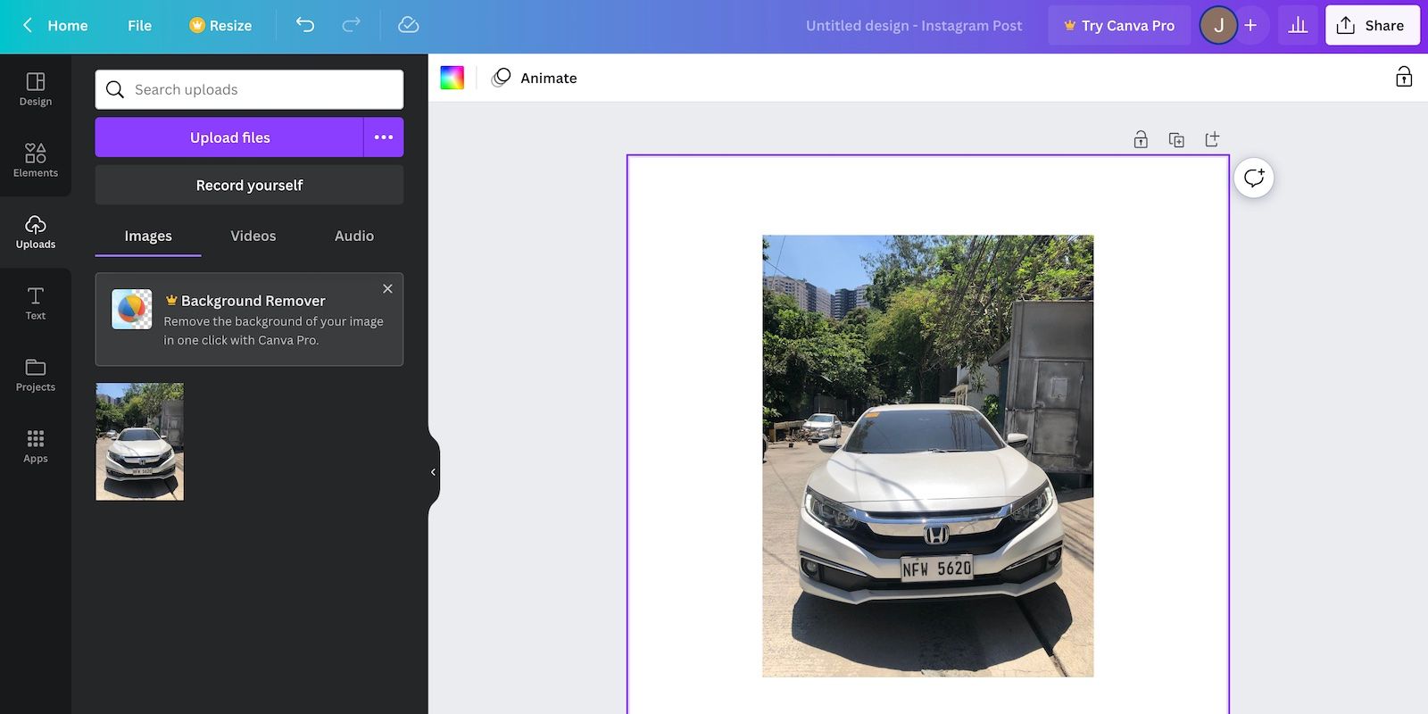 Uploading a Picture of White Car on Canva Editor