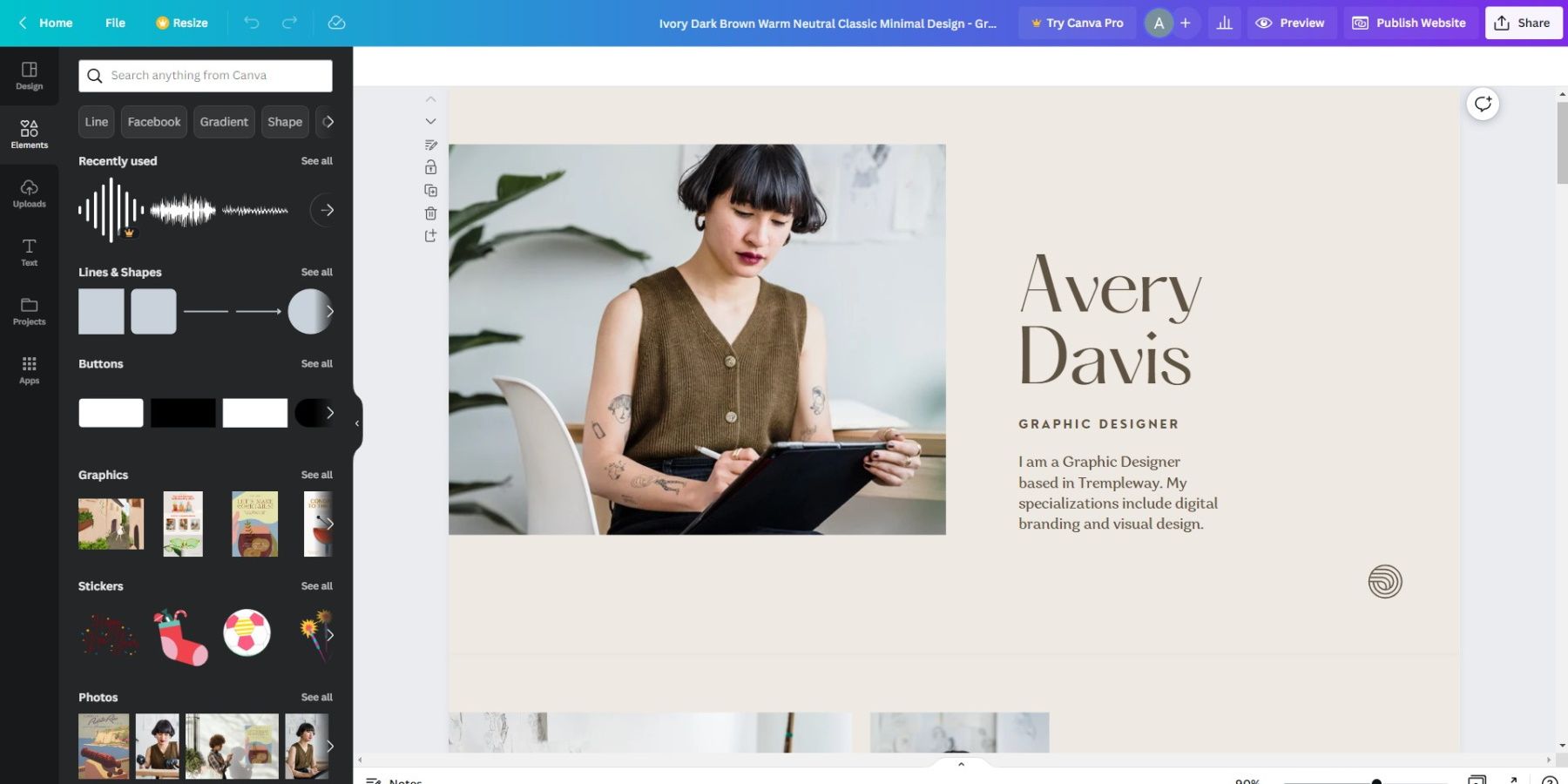 Canva website showing options to customize your portfolio template