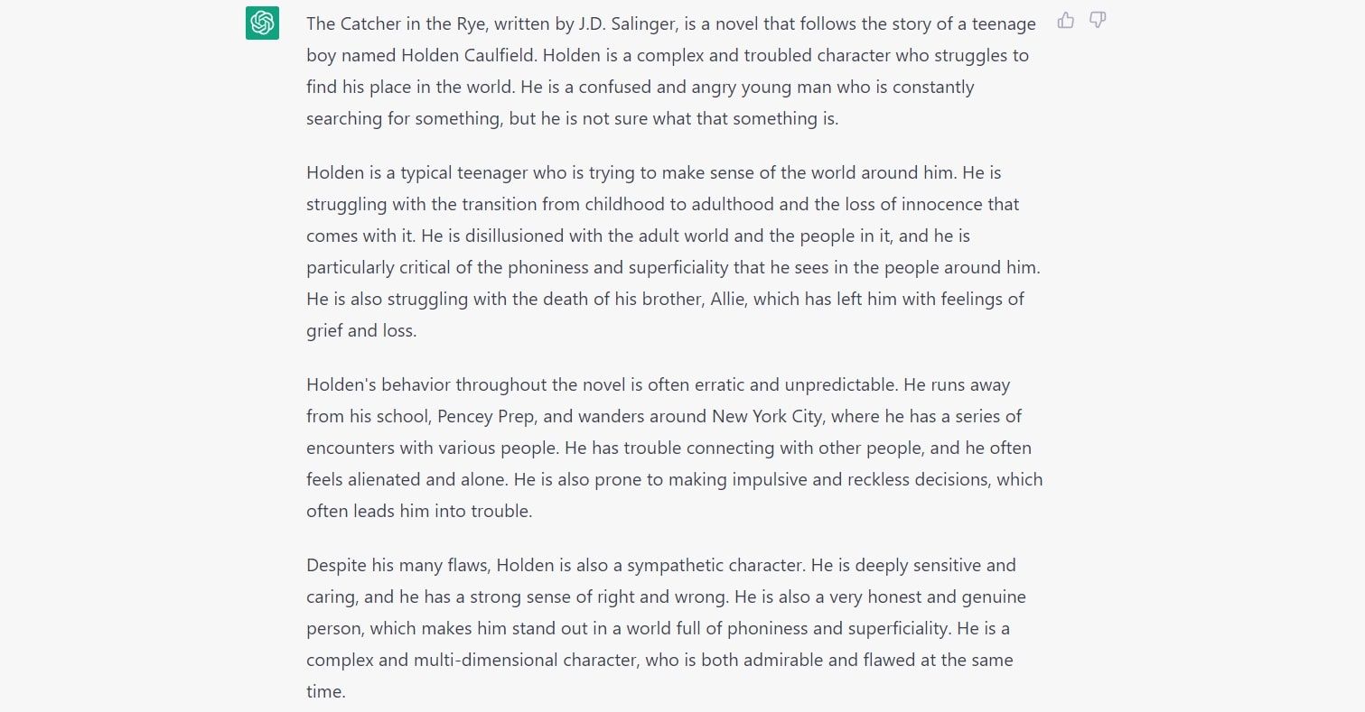 Screenshot of an essay about The Catcher in the Rye, generated by ChatGPT