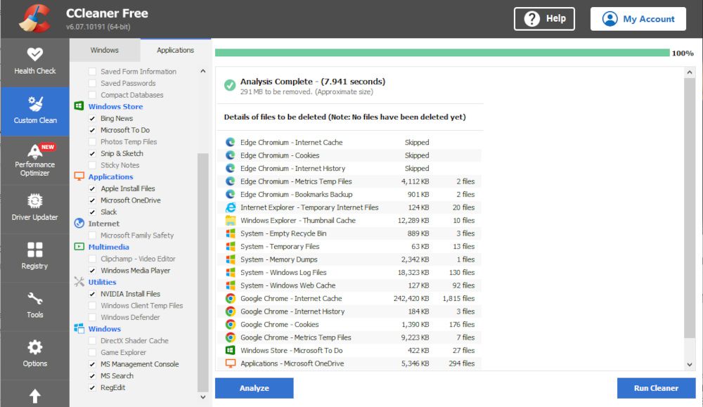 Cleaning tools in the CCleaner app