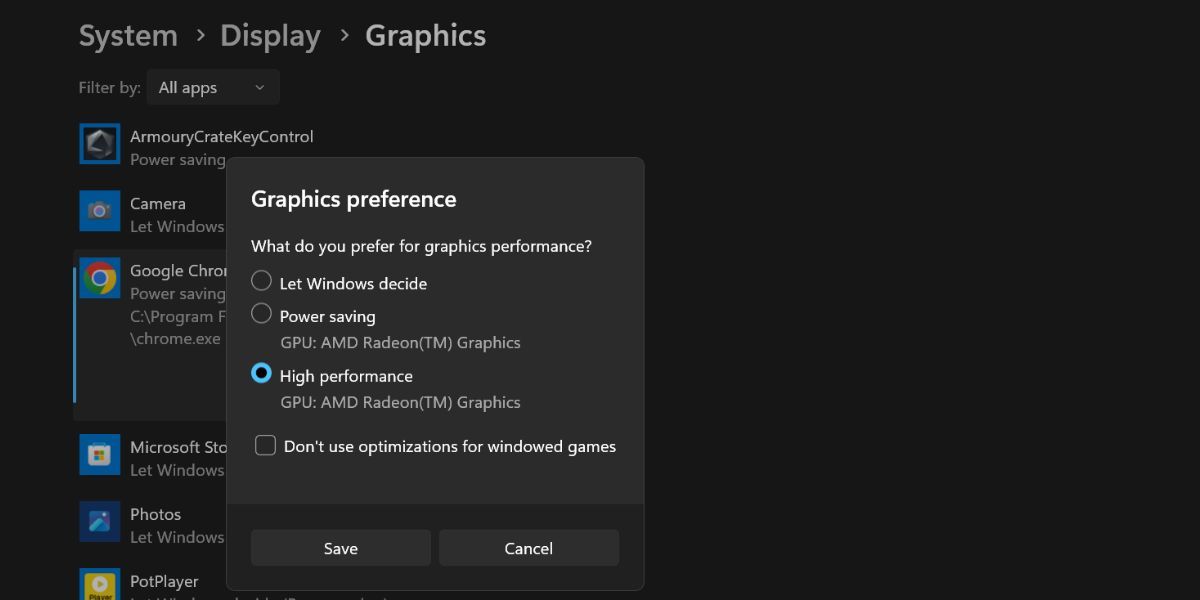 Cambiar la preferencia de gráficos de la aplicación en Windows 11