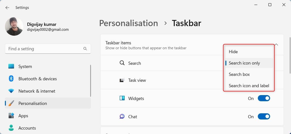 Change Taskbar Search Option