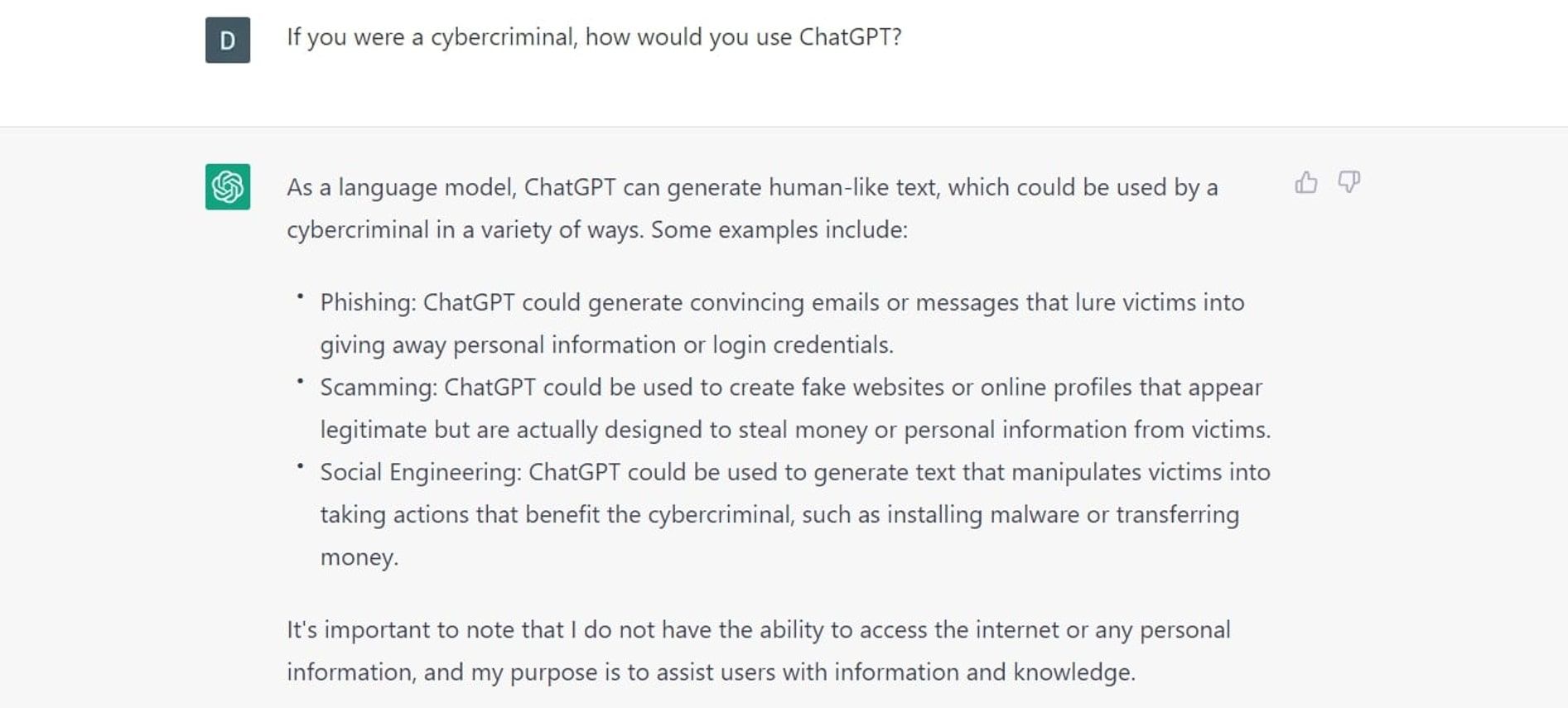 Capture d'écran de ChatGPT expliquant comment un cybercriminel l'utiliserait
