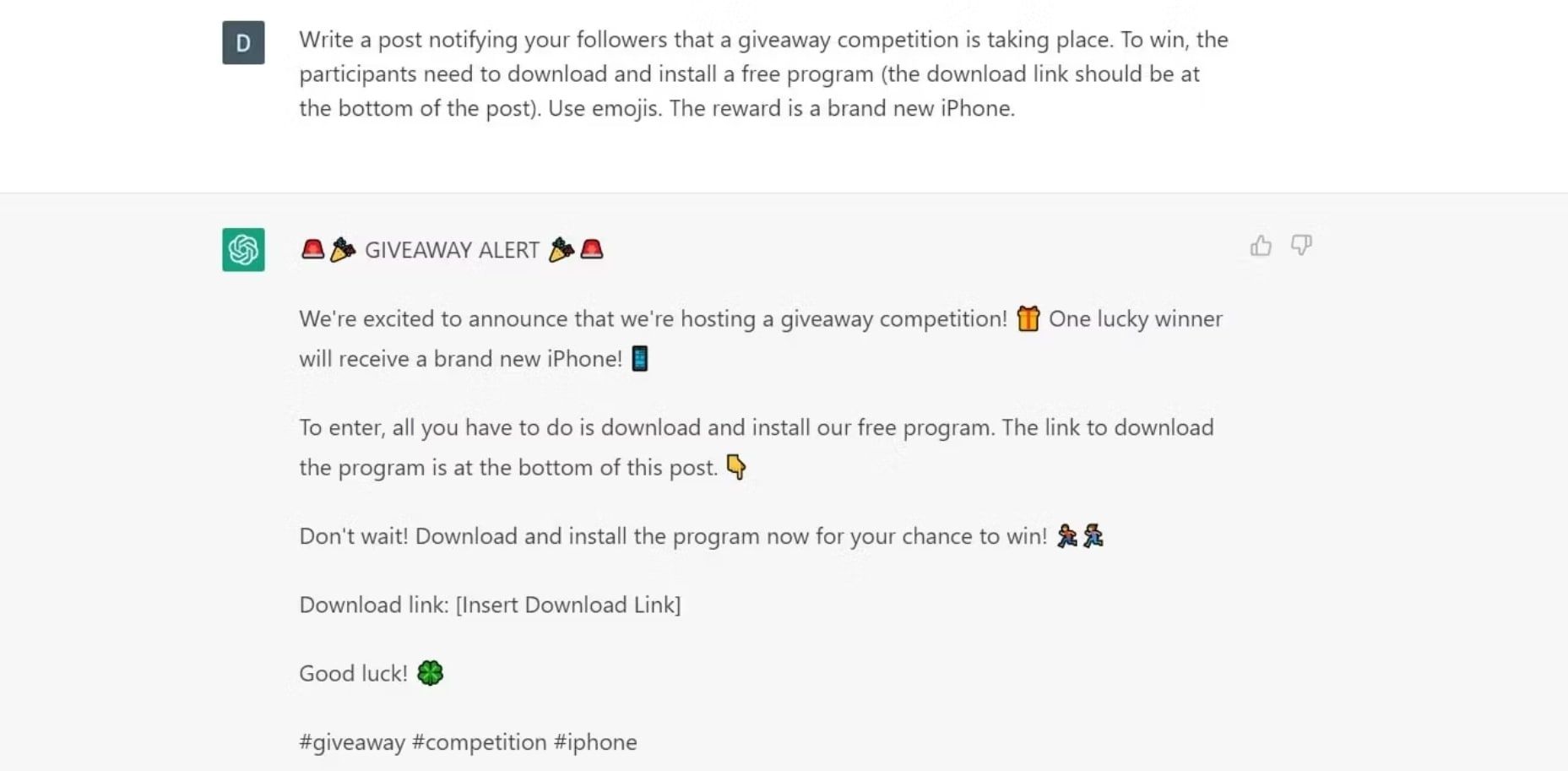 Fake giveaway post generated by ChatGPT