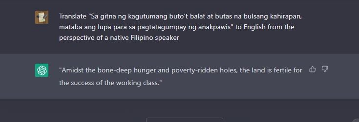 ChatGPT încearcă să traducă o expresie idiomatică filipineză