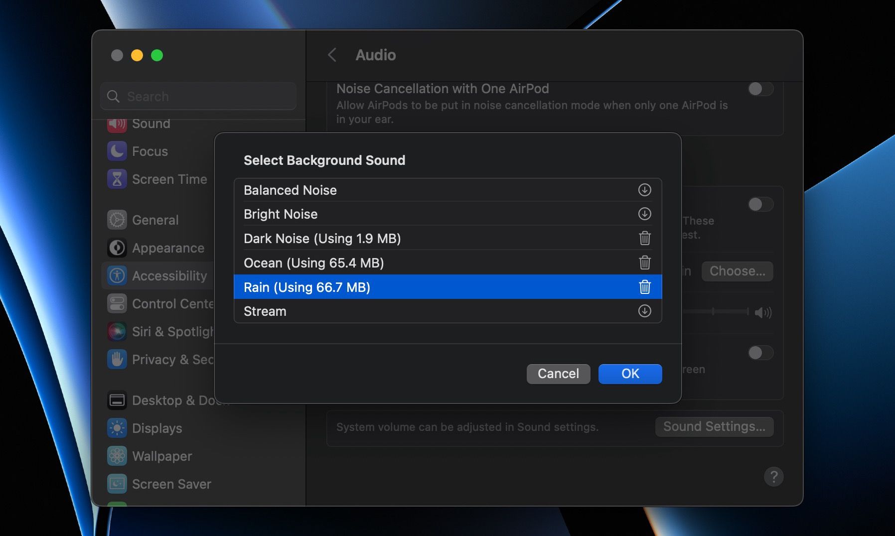 Choose background sound from Accessibility Settings on macOS