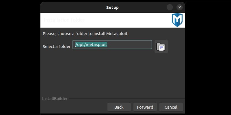 programme d'installation de metasploit demandant à l'utilisateur de sélectionner un dossier pour l'installer