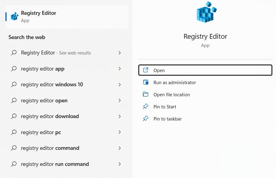 Choosing Registry Editor in Windows Search