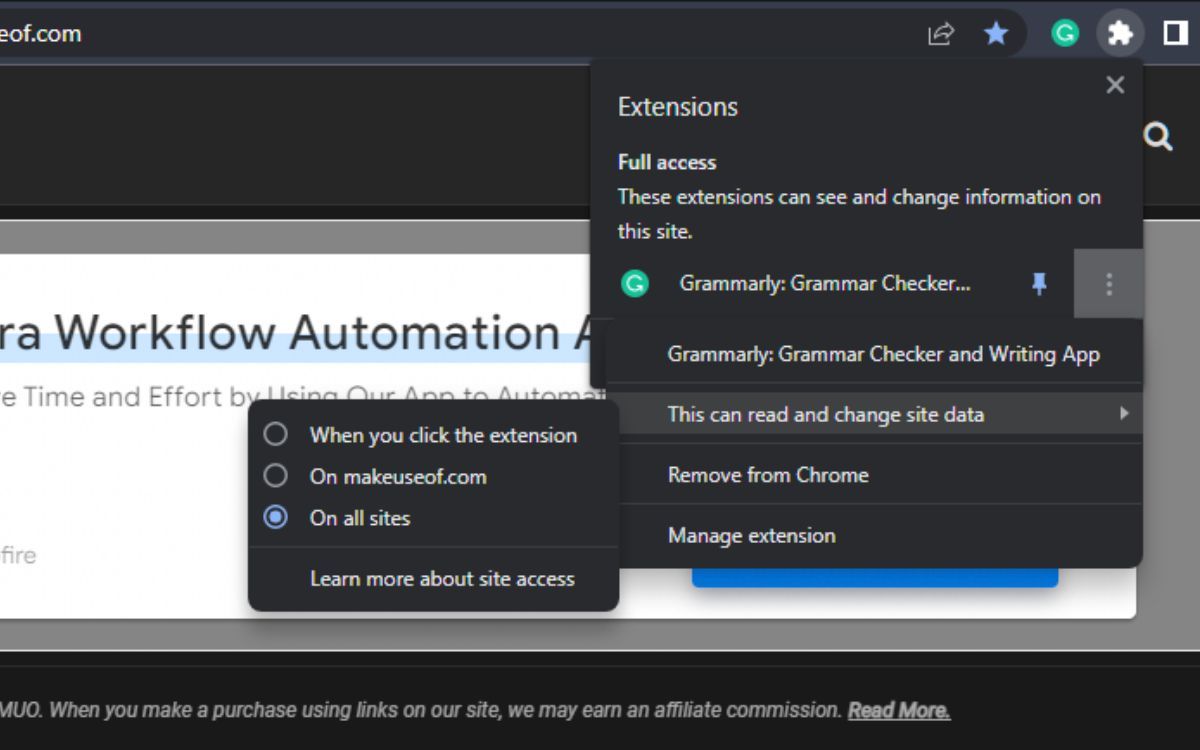 A screenshot of the Chrome Extensions menu on Google Chrome