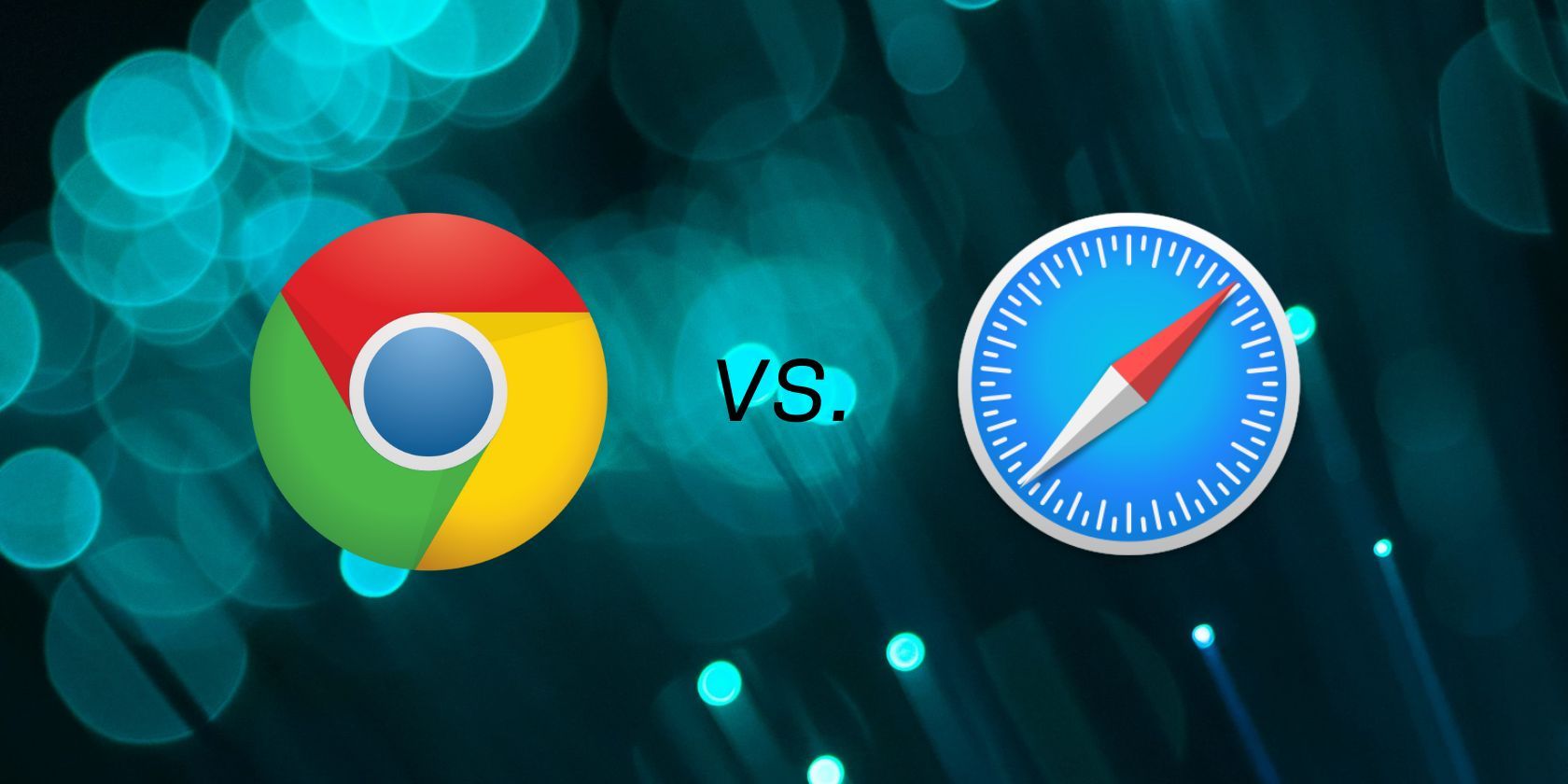 chrome and safari logos in front of close up shot of fiber optic cables