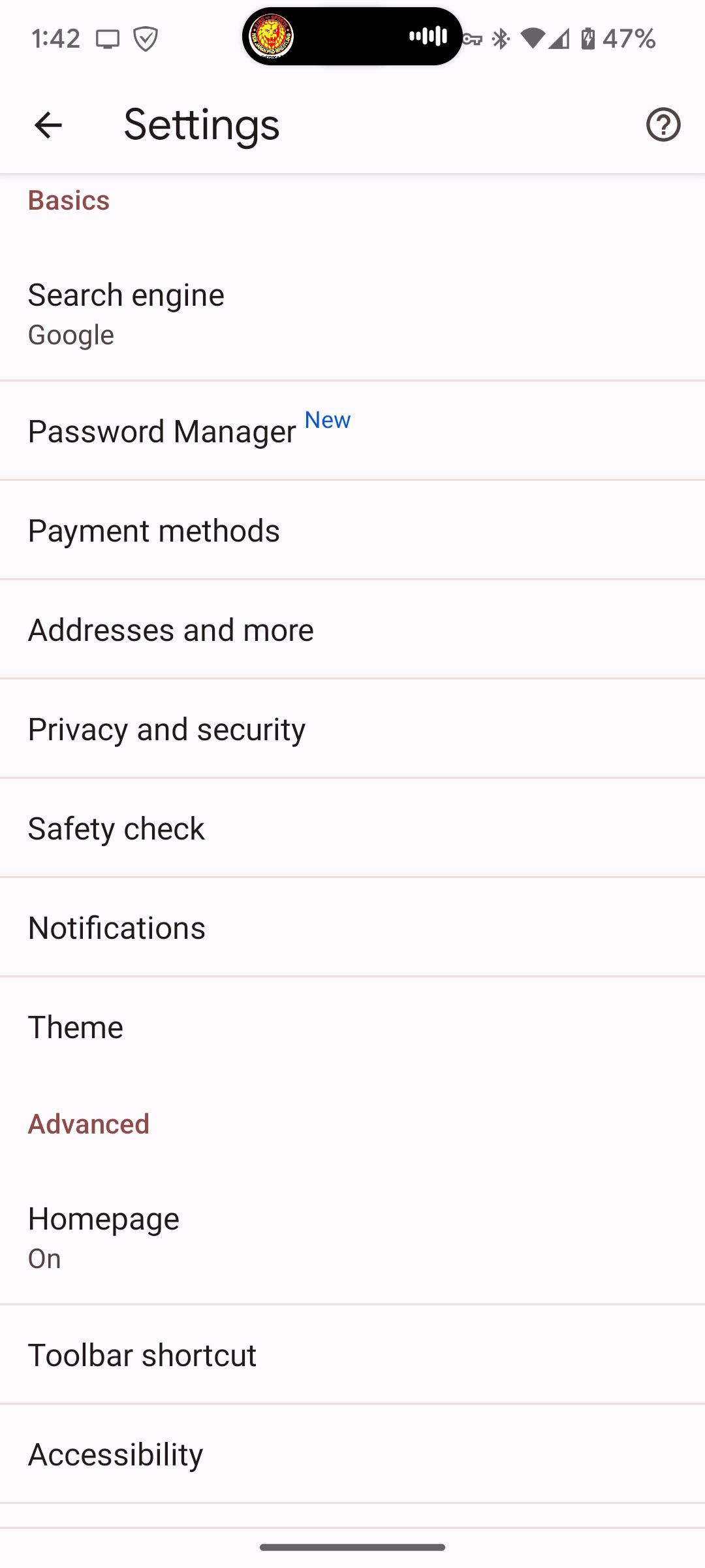 The settings page in Google Chrome