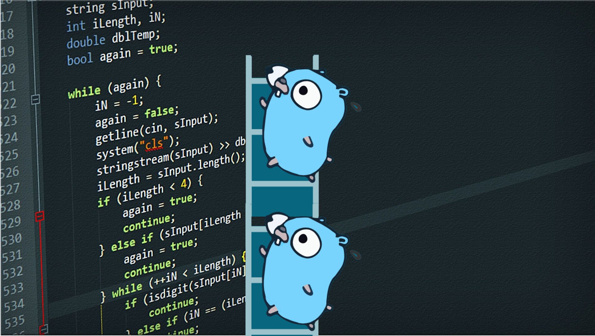 Code in code editor with Golang's logo