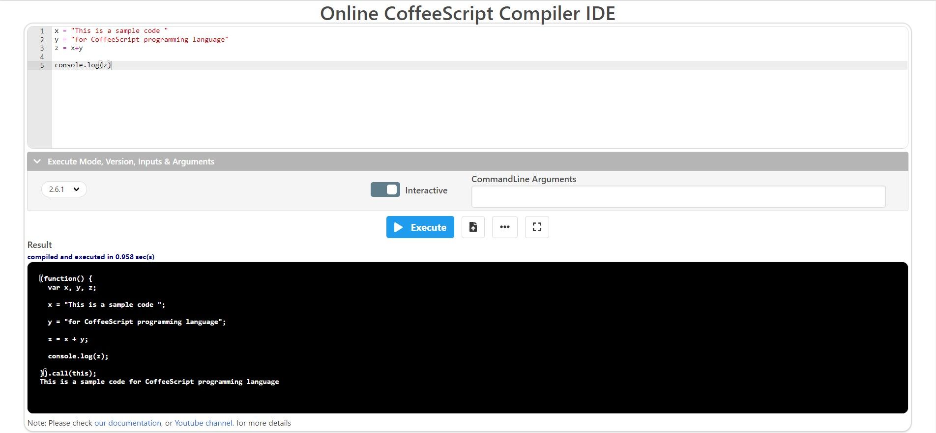 Código de ejemplo de CoffeeScript y salida en la ventana del desarrollador en línea