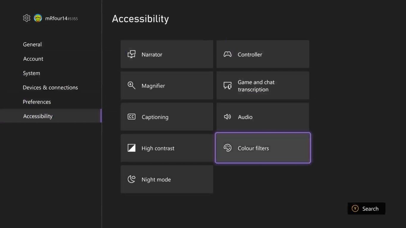 A screenshot of the Accessibility settings page on Xbox Series X with color filters highlighted. 