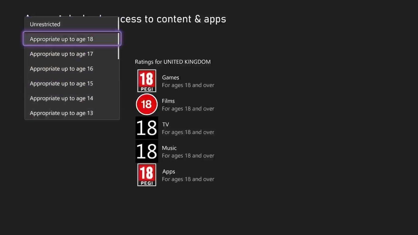 A screenshot of the content restriction settings on Xbox Series X, with the list of available age restrictions highlighted.