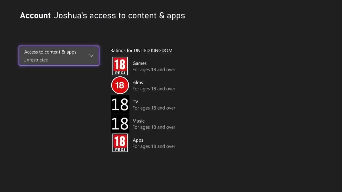 A screenshot of the content restriction page on Xbox Series X showing age ratings and restrictions.