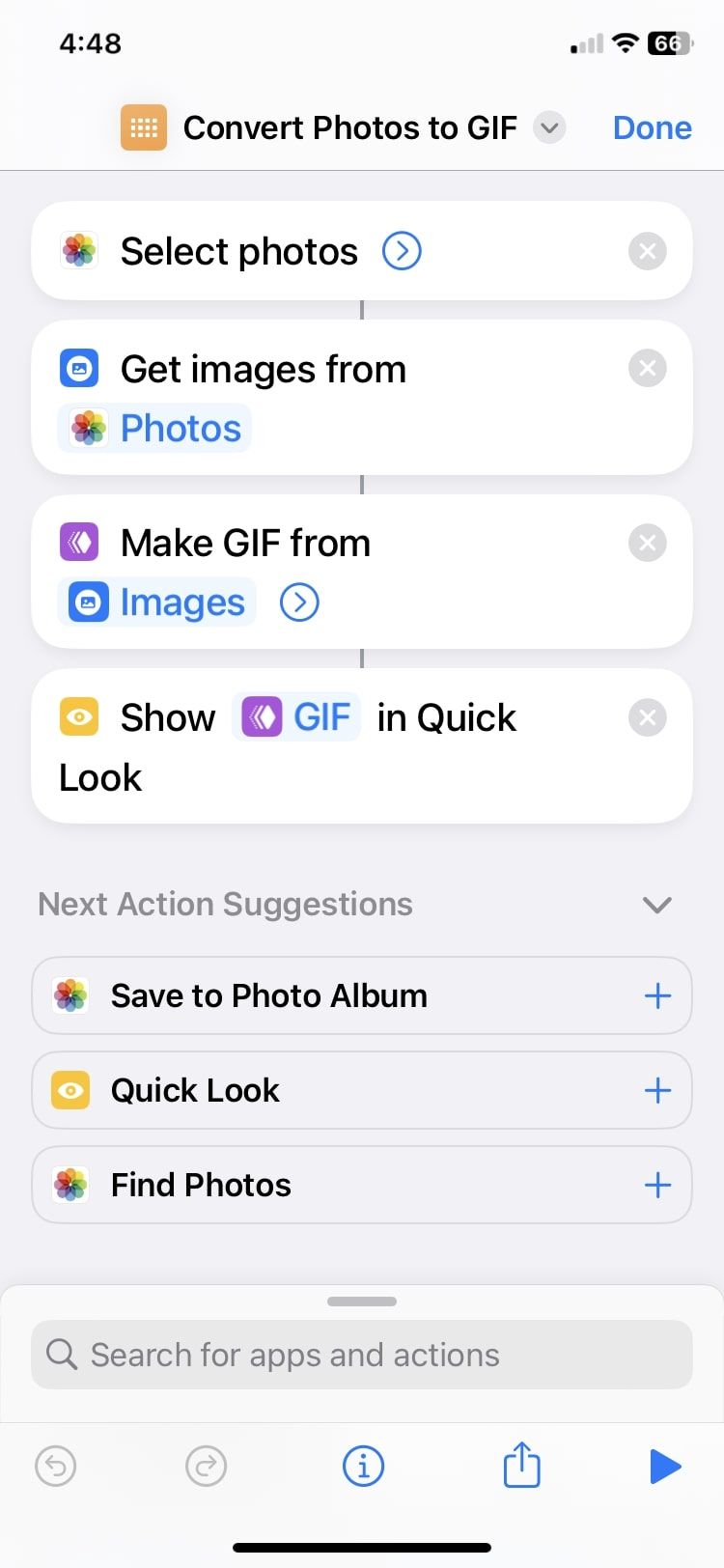convert photos to GIF shortcut actions
