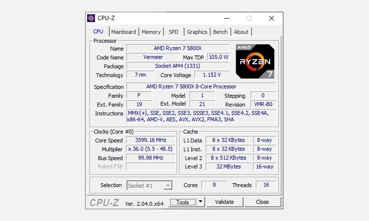 thông tin bộ nhớ cache cpuz amd ryzen 5800x