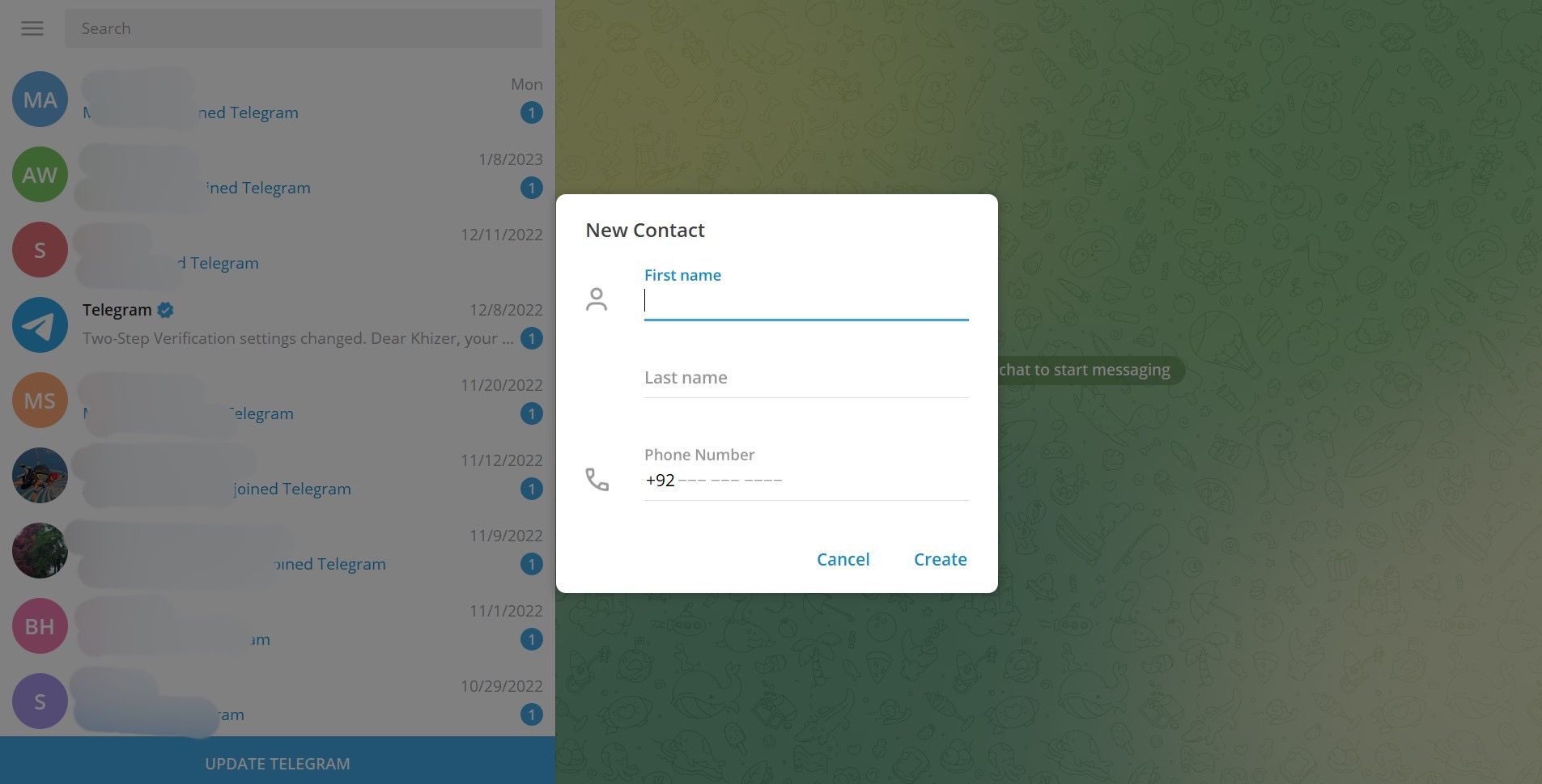 Create new contact on Telegram