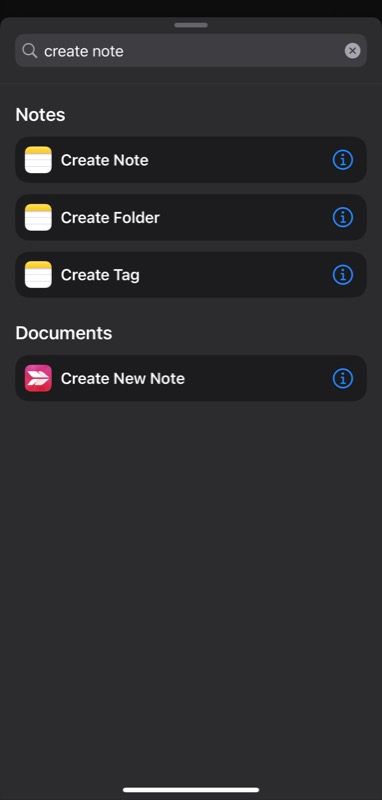 adding Create Note action to shortcut