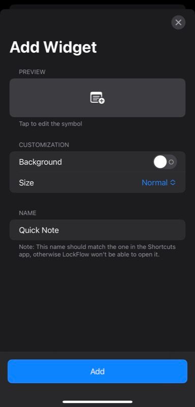 setting up LockFlow widget to run Quick Note shortcut