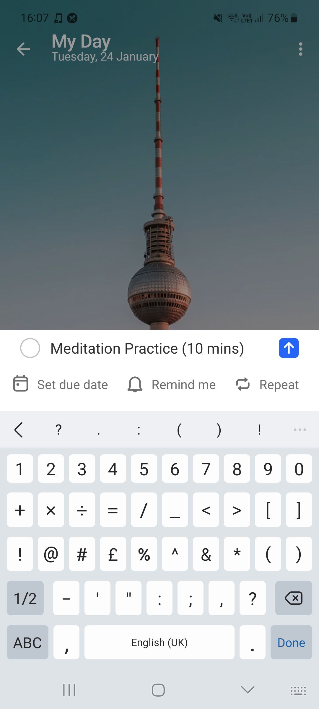 Creating new meditation task in Microsoft To Do