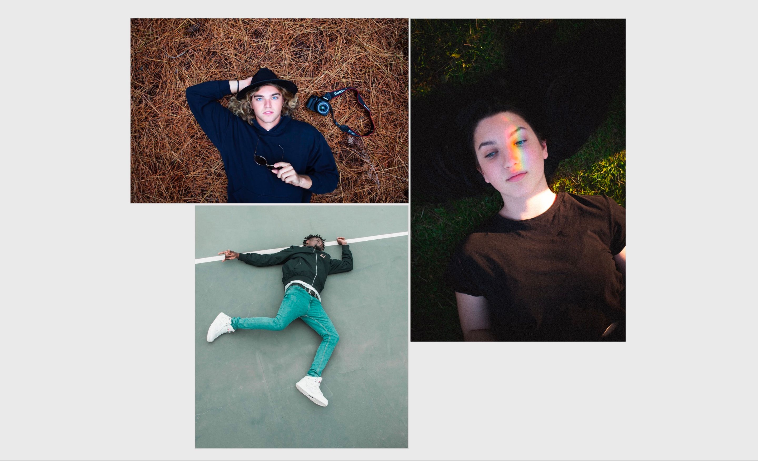 Three flat lay self portraits of the person in shot lying on the ground