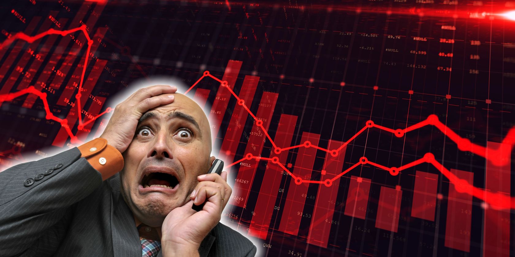 pedagang crypto panik menjual di telepon dengan latar belakang grafik negatif