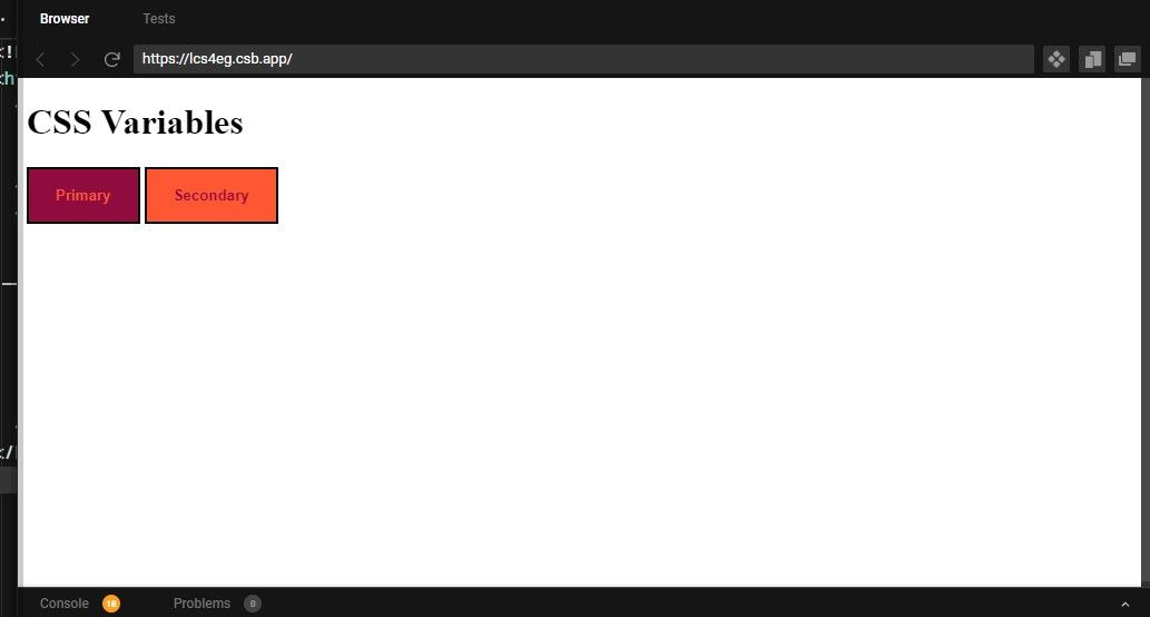 Screenshot of two buttons styled with different colors using CSS variables