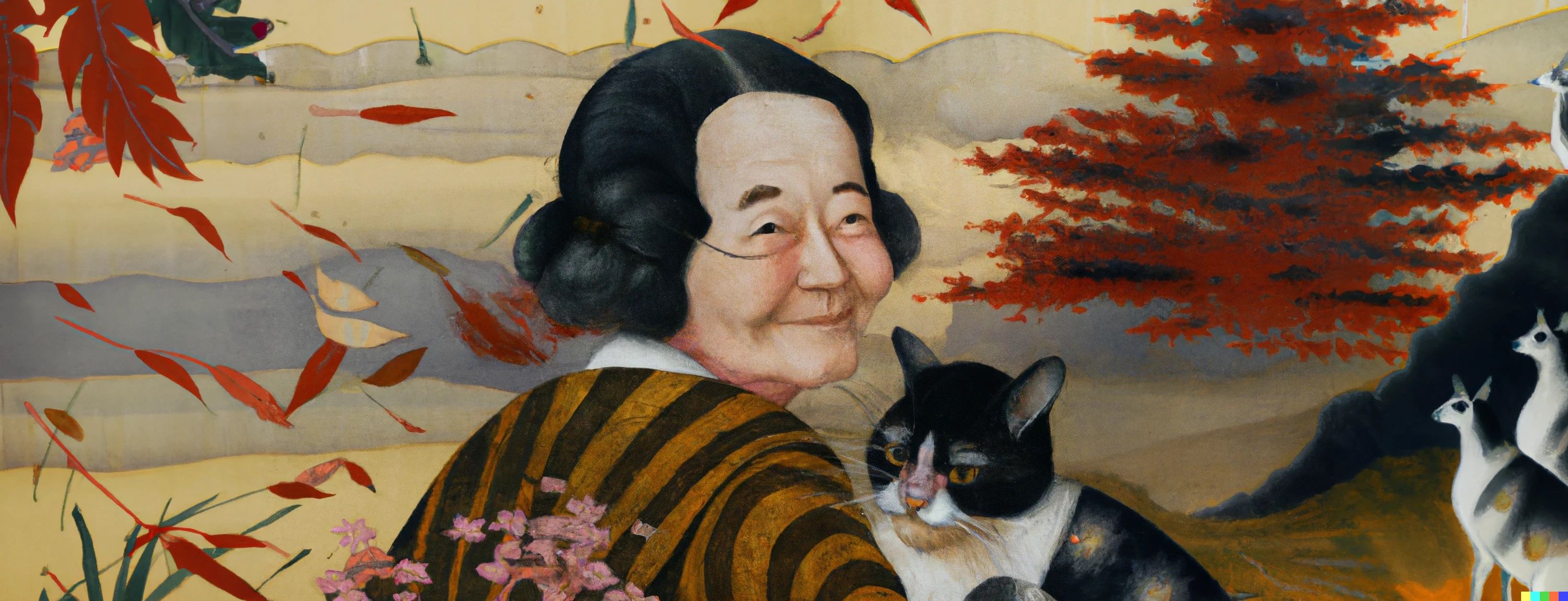 Một bức tranh do AI tạo ra về một người phụ nữ với con mèo của cô ấy ở trung tâm phong cảnh Nhật Bản, được thực hiện bằng Dall-E