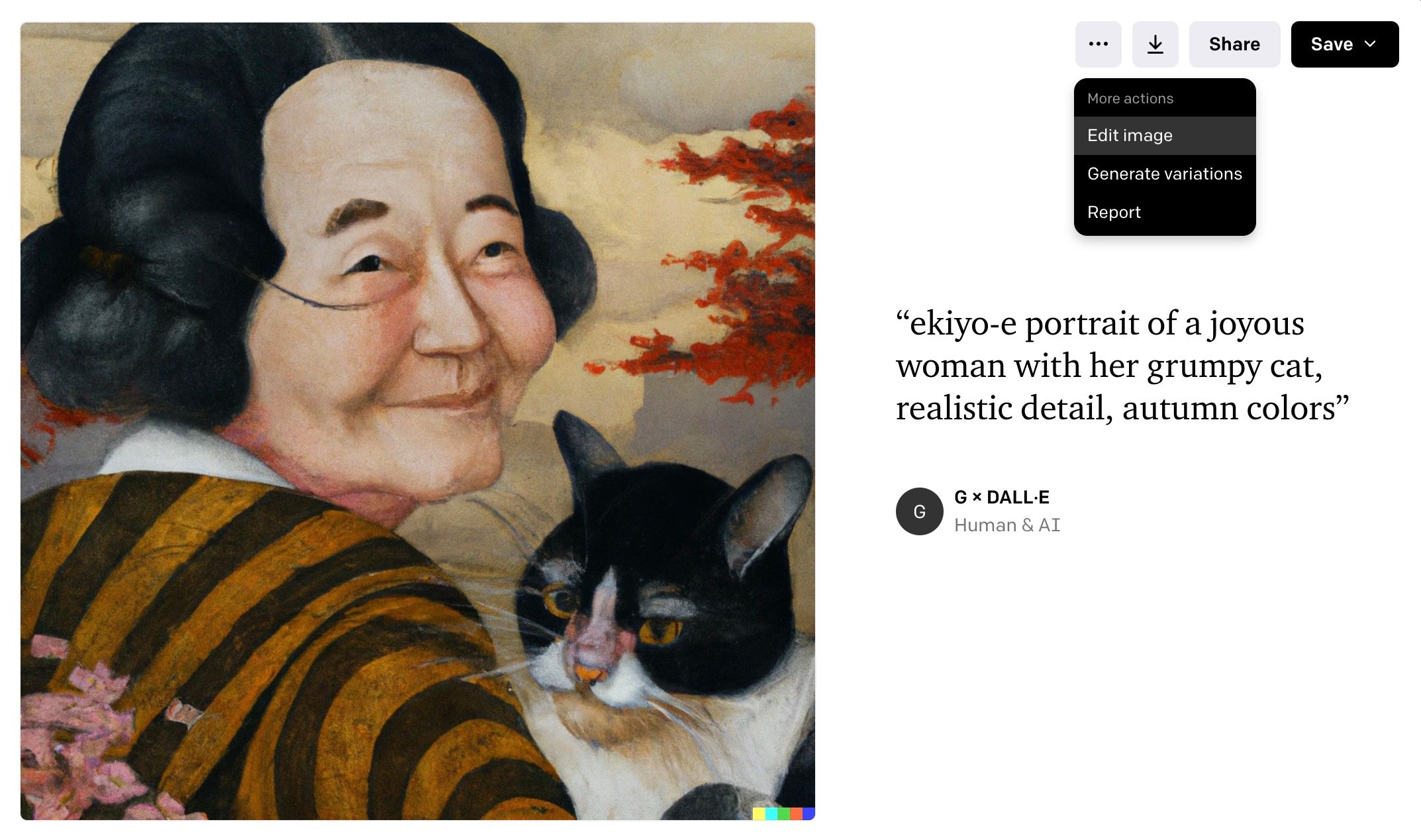 Hình ảnh người phụ nữ và con mèo được tạo bằng Dall E, các tùy chọn chỉnh sửa hình ảnh hiển thị bên phải