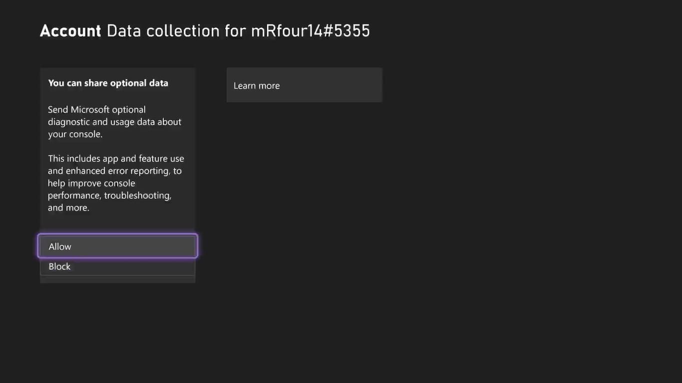 Screenshot of data collection options on Xbox Series X with permission. 