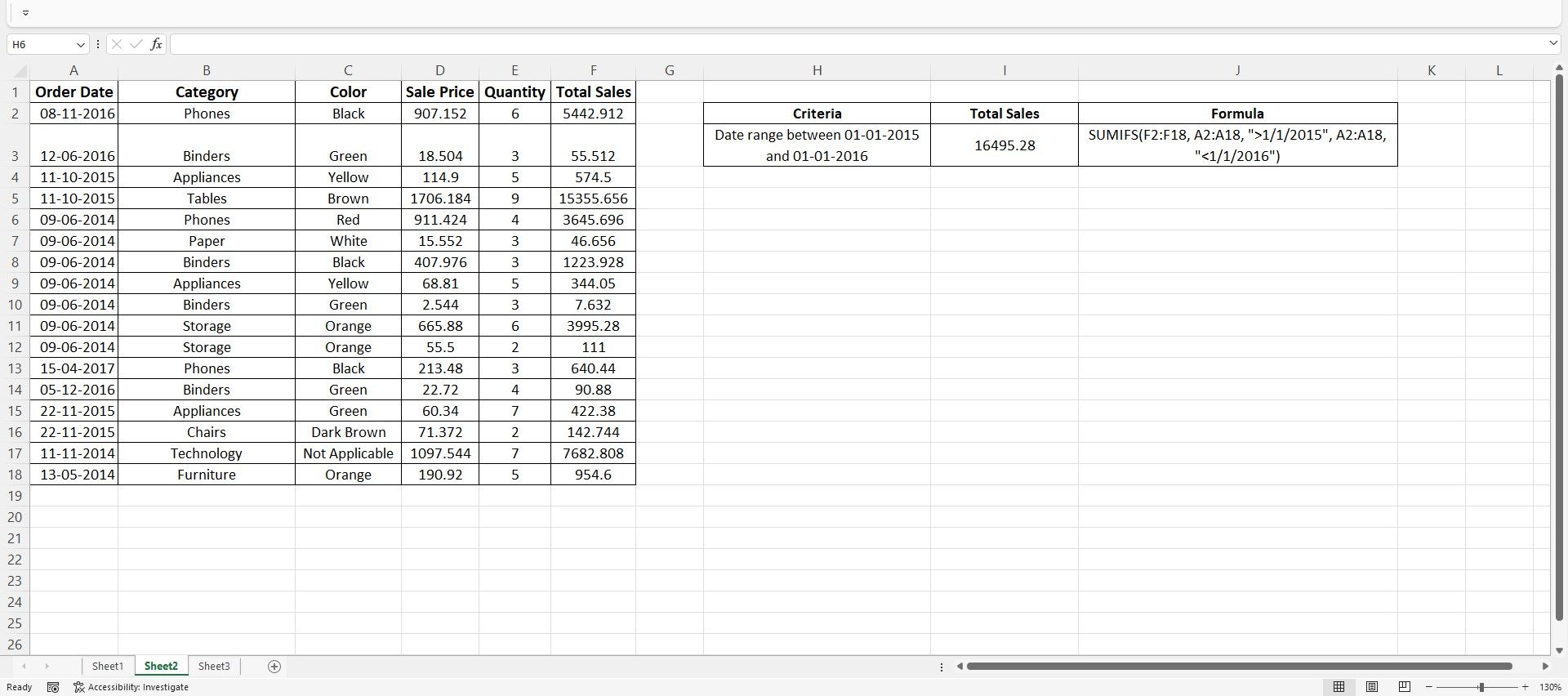 Excel sheet with data showing use of date criteria