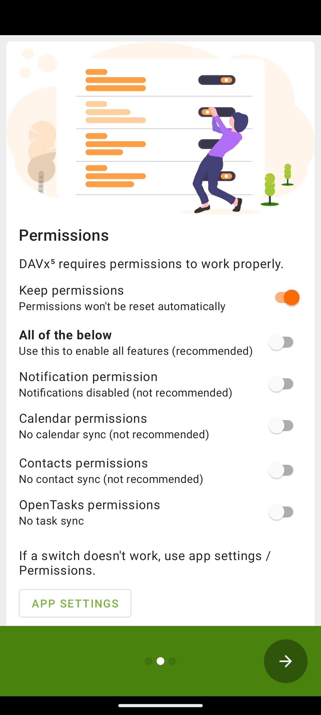 DavX5 screen showing the permissions needed to be granted.