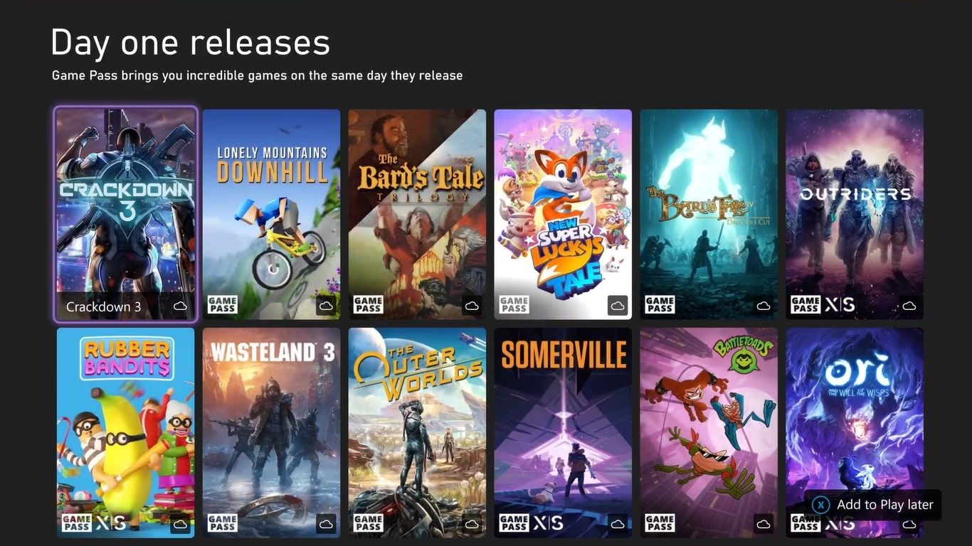 A screenshot of the Xbox Game Pass Day One release list on Xbox Series X. 