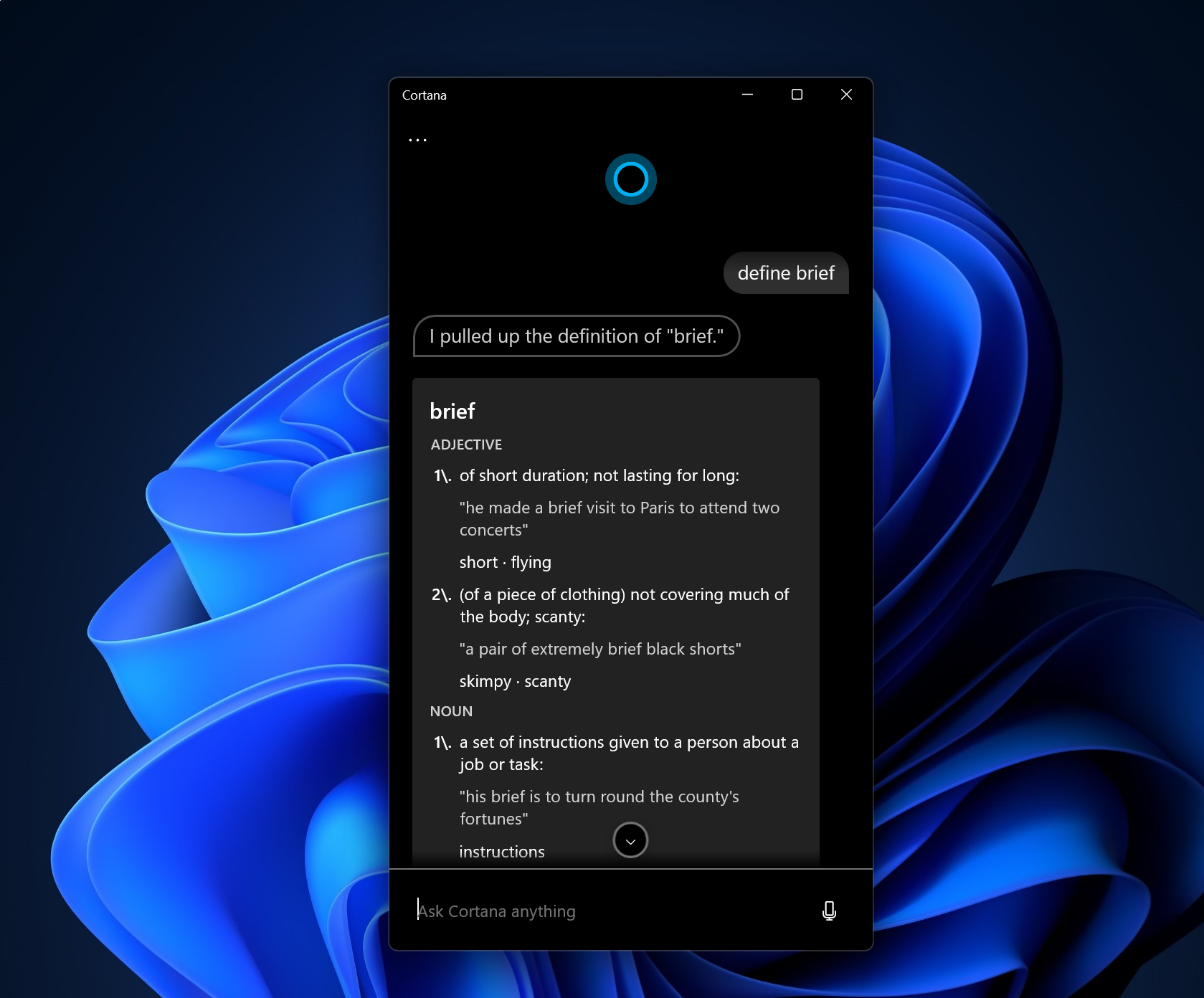 L'application Cortana affiche la définition du dictionnaire