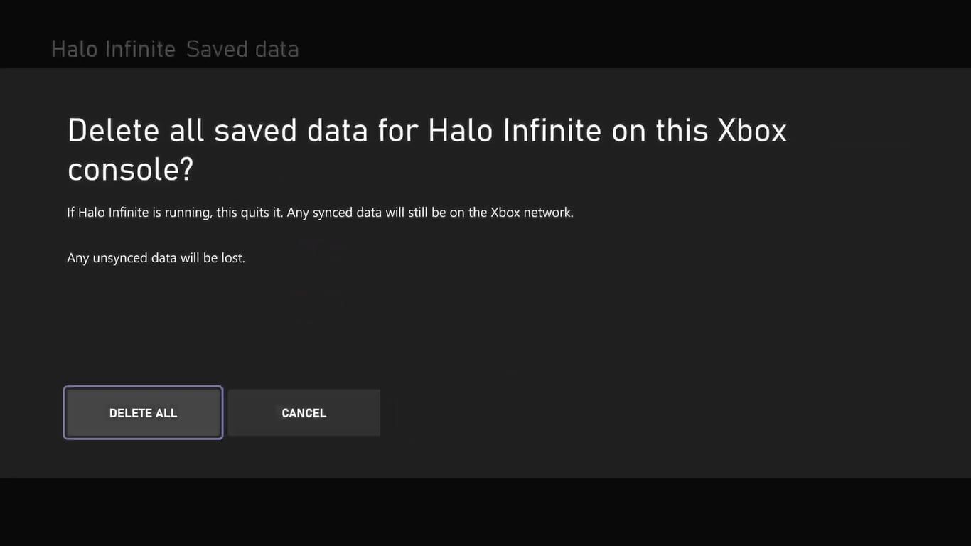 Une capture d'écran du message d'avertissement pour la suppression de toutes les données sauvegardées pour Halo Infinite sur Xbox Series X. 