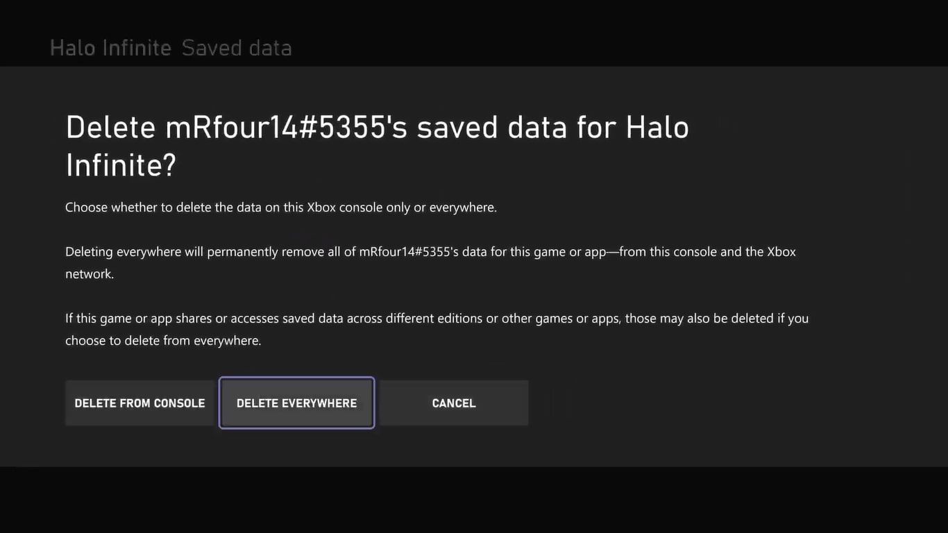 A screenshot of the available deletion options for saved data associated with an Xbox profile with Delete Everywhere highlighted