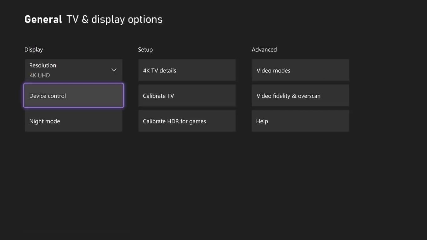 A screenshot of the Xbox Series X settings page for TV and Display with Device Control highlighted 
