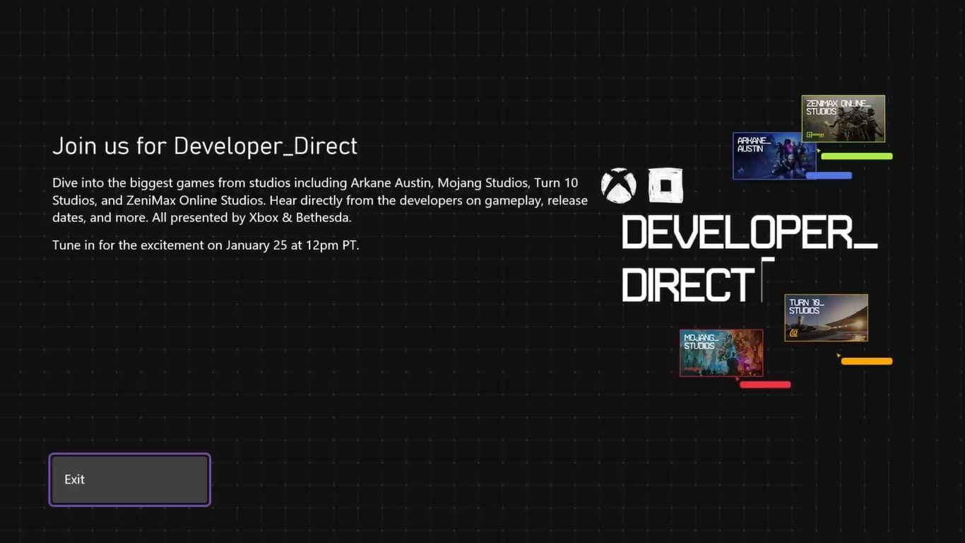 Une capture d'écran d'une publicité pour un prochain Xbox and Bethesda Developer Direct sur la Xbox Series X.