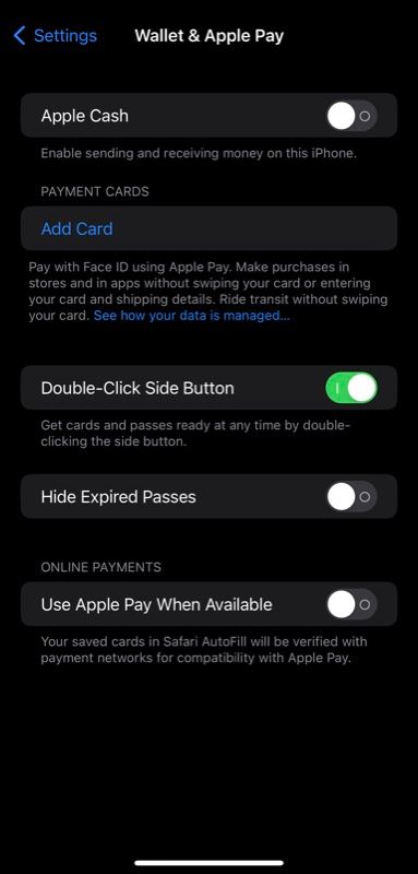 Wallet and Apple Pay settings in iOS