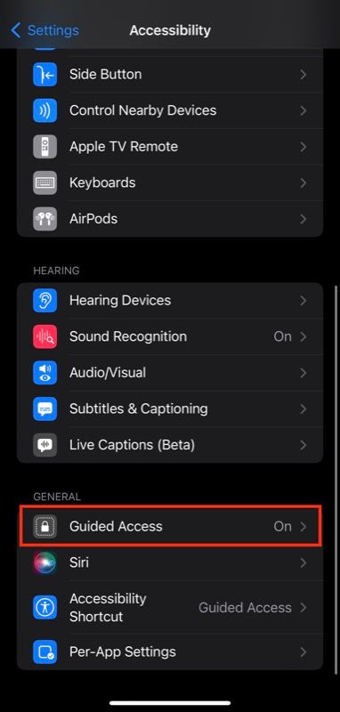 Guided Access in iOS Accessibility settings