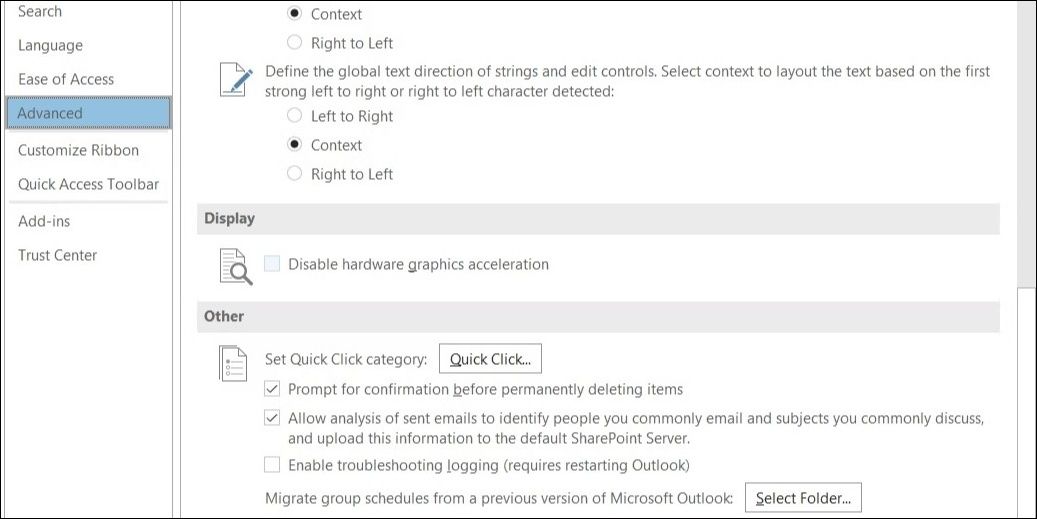 Disable hardware acceleration in Outlook