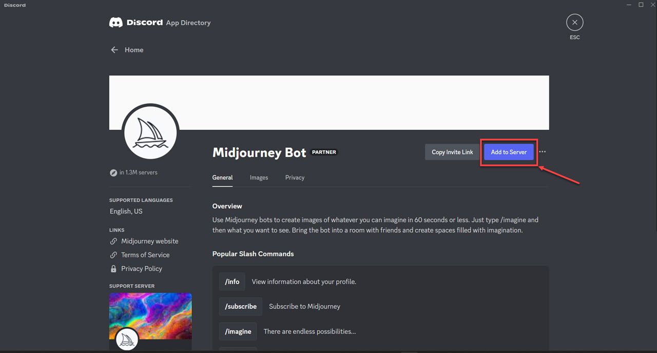 Discord Midjourney app page