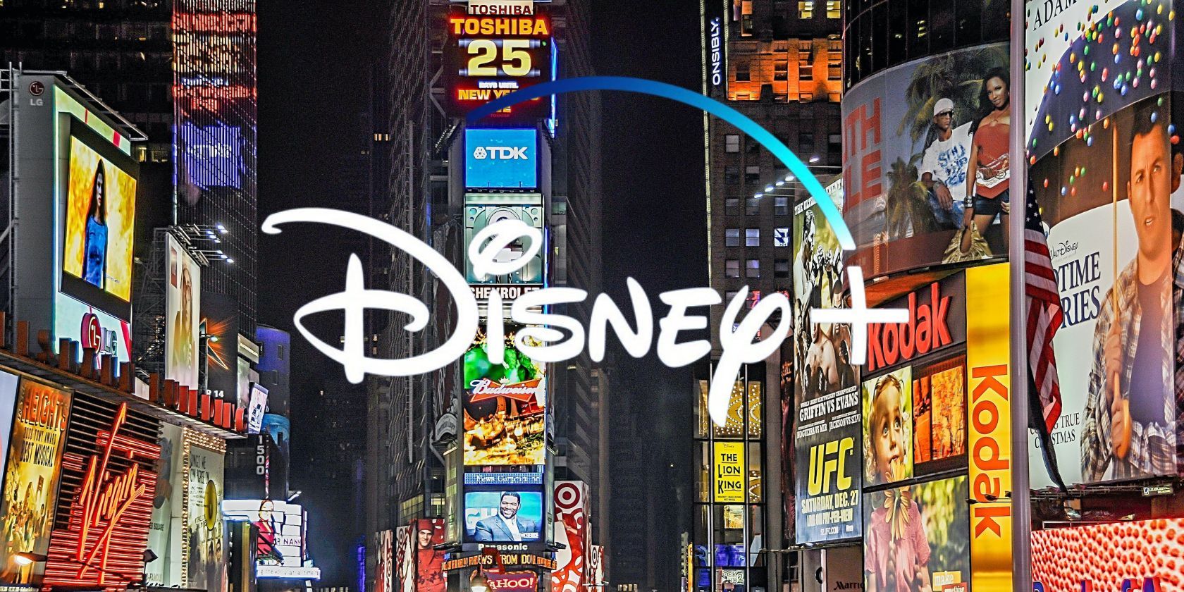 Times square billboard advertisements with the Disney Plus logo superimposed