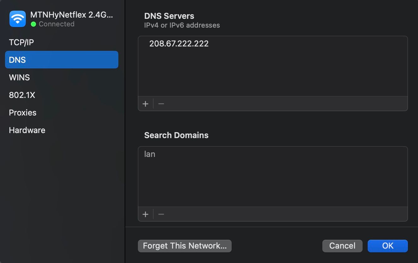 DNS server sub-window in System Settings
