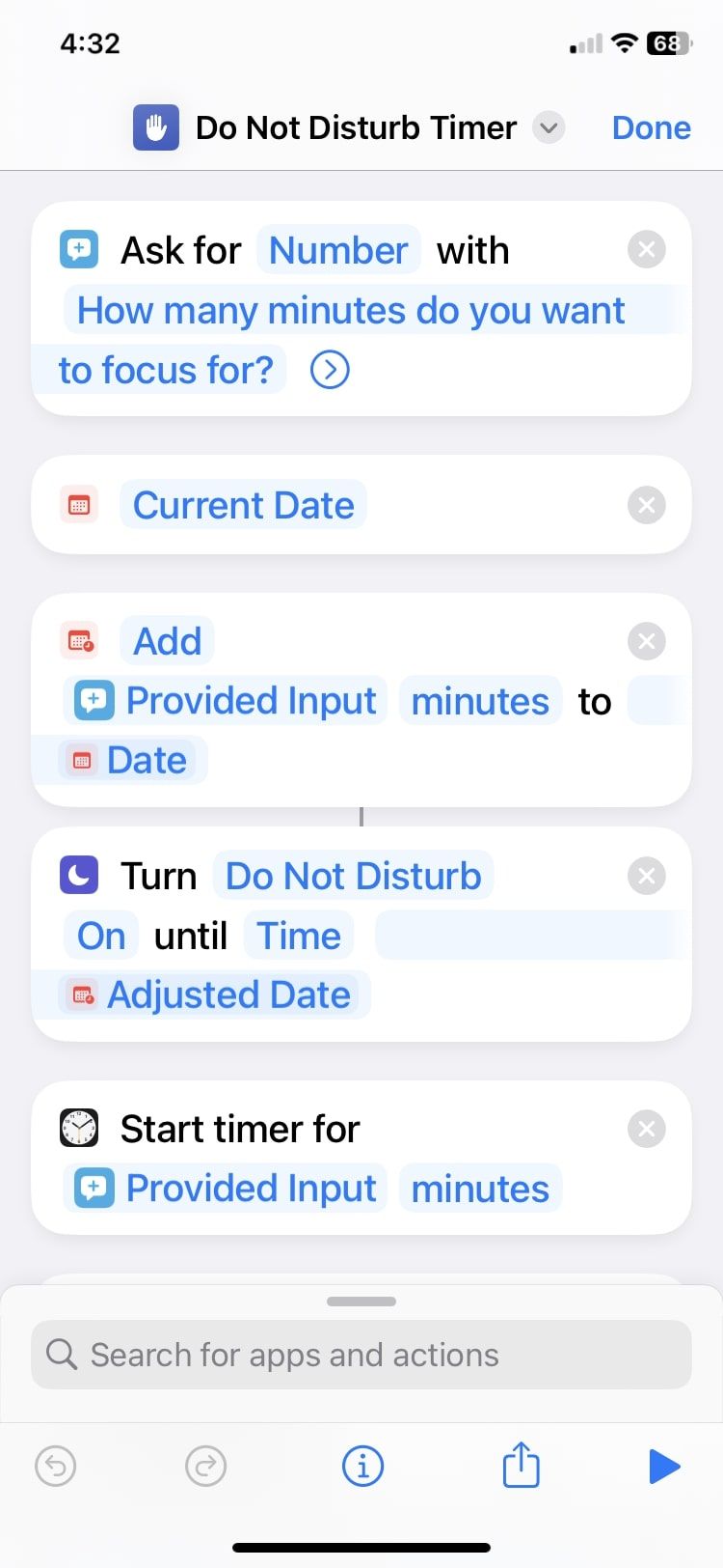 do not disturb timer shortcut actions