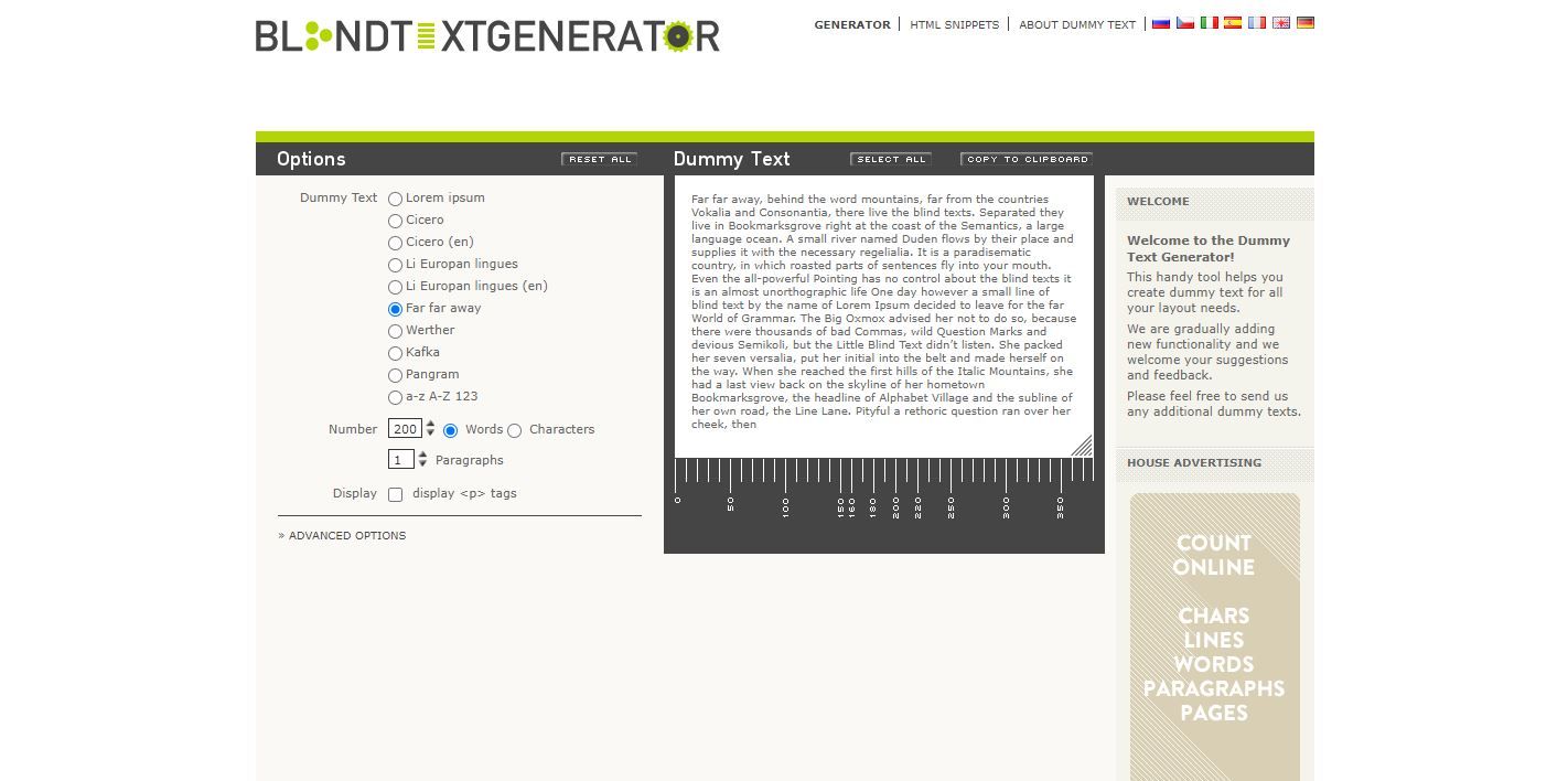 Screenshot of the Dummy Text Generator landing page