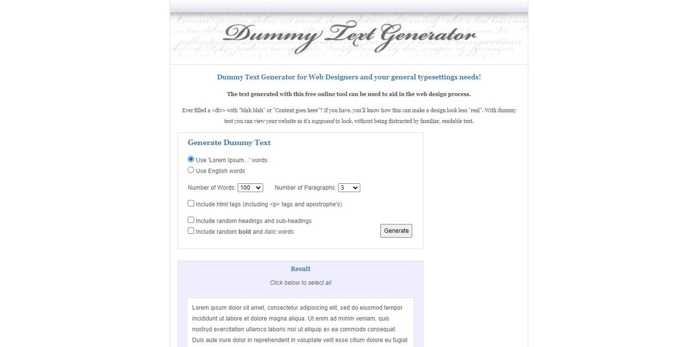 Screenshot of dummytextgenerator com home page